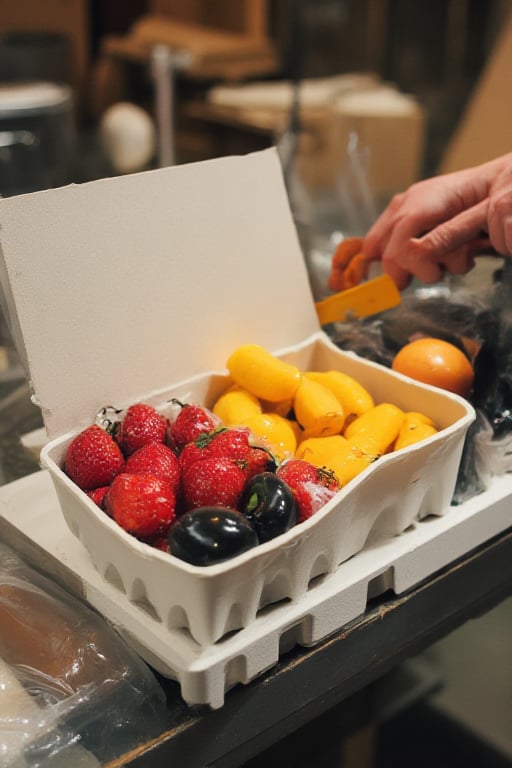 cutting fruit packaging using a Foam Tray with Stretch Film delete hand