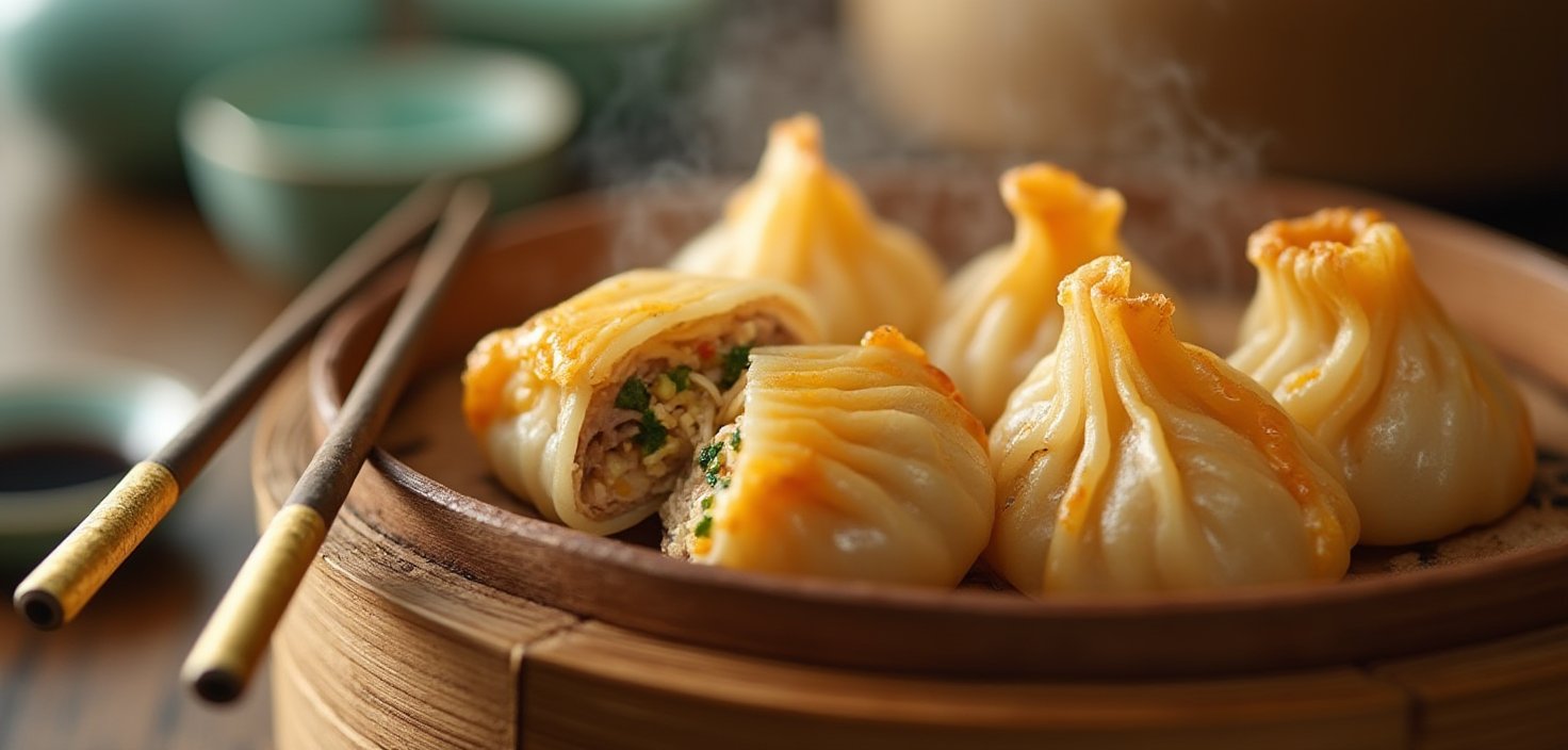 A steaming close-up of golden-brown Korean mandu dumplings in a bamboo steamer,  showcasing the delicate pleated edges and...
