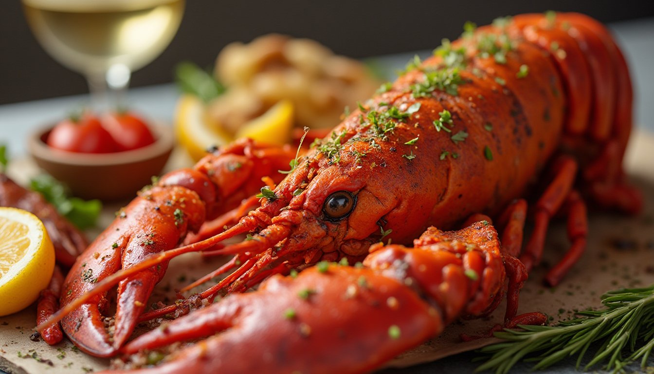 Detailed photo of an Atlantic lobster grilled to perfection,  garnished with vibrant spices and herbs,  displayed on a tab...