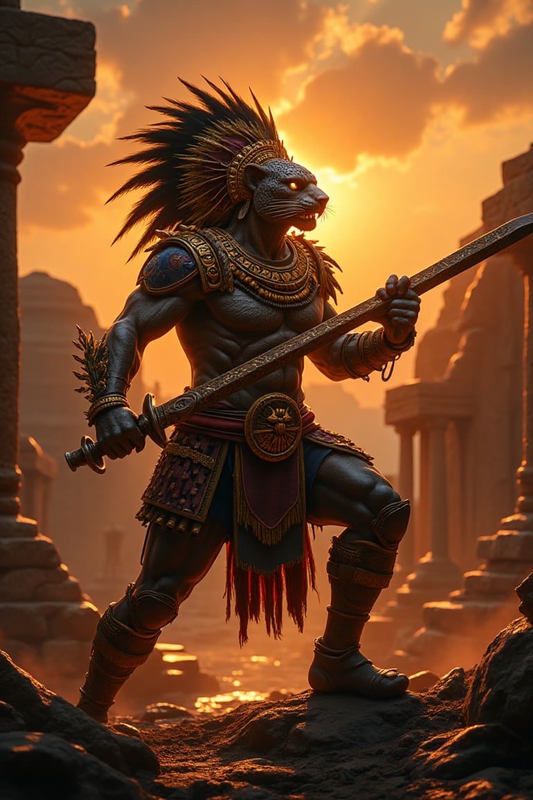 An Aztec Jaguar Warrior in combat mode, adorned with intricate feather headdress and jaguar-skin armor, wielding a ceremonial obsidian sword, fierce expression, mid-action pose with muscles tensed, vibrant sunset lighting casting dramatic shadows, ancient temple ruins in the background, dynamic composition, rich colors with gold accents, intense atmosphere, focused on the warrior's determined face and powerful stance.