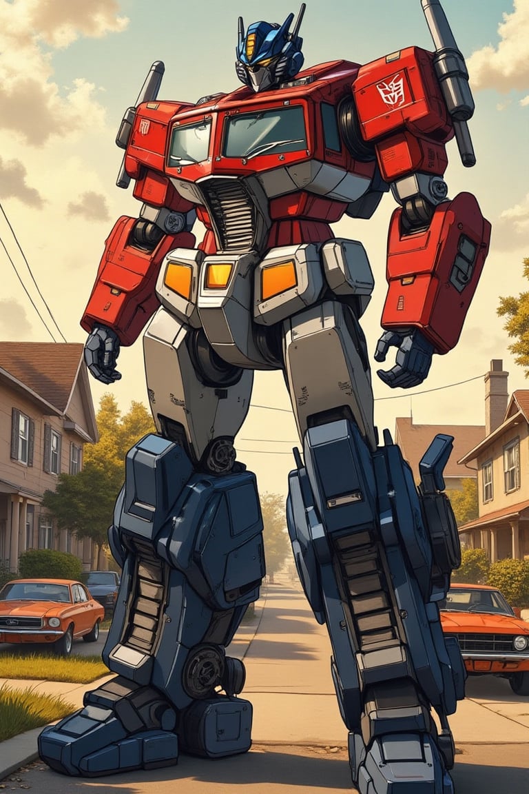 Full-screen shot of Optimus Prime, towering over an 80's suburban neighborhood. The background features pastel-colored houses, neatly trimmed lawns, and vintage cars parked along the street. Optimus stands majestically, his red and blue armor gleaming under the warm, golden afternoon sunlight. The composition centers on his powerful form, with the suburban landscape stretching out behind him, creating a striking contrast between the futuristic robot and the nostalgic setting.