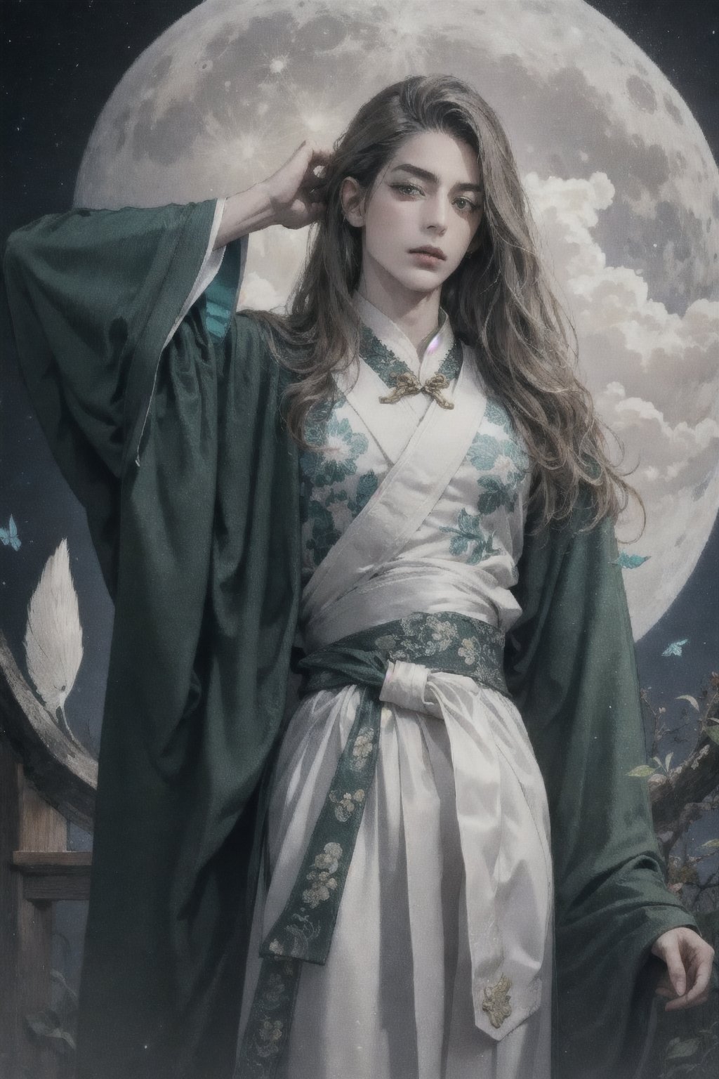 male focus, 1boy, solo, 30 years old, long hair, brown hair, some gray hair, green pupil, Chinese clothes, deep green robe, white butterfly pattern on the lower part of clothes, looking at viewer, white moon, moon behind head, aurora, cloud, High detailed, cowboy shot, outfit,2.5d, realistic render,neuvillette, print robe, (chinese style countryard), 2D amimation style