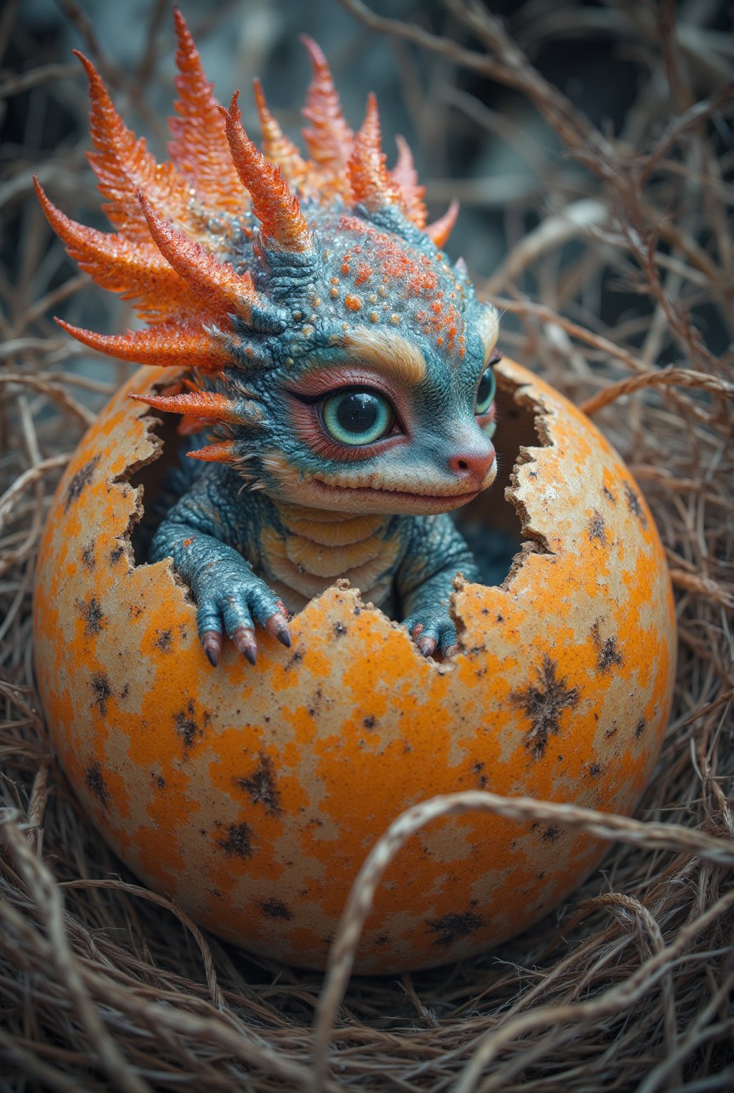 Vintage photography, meshed cracked paper, huge broken colorful golden egg in a nest, medieval japanese village, closeup, cute female blue yellow red orange and pink baby dragon hatching from egg, big blue eyes, double exposure, light and shadow, egg shell, japanese medieval village