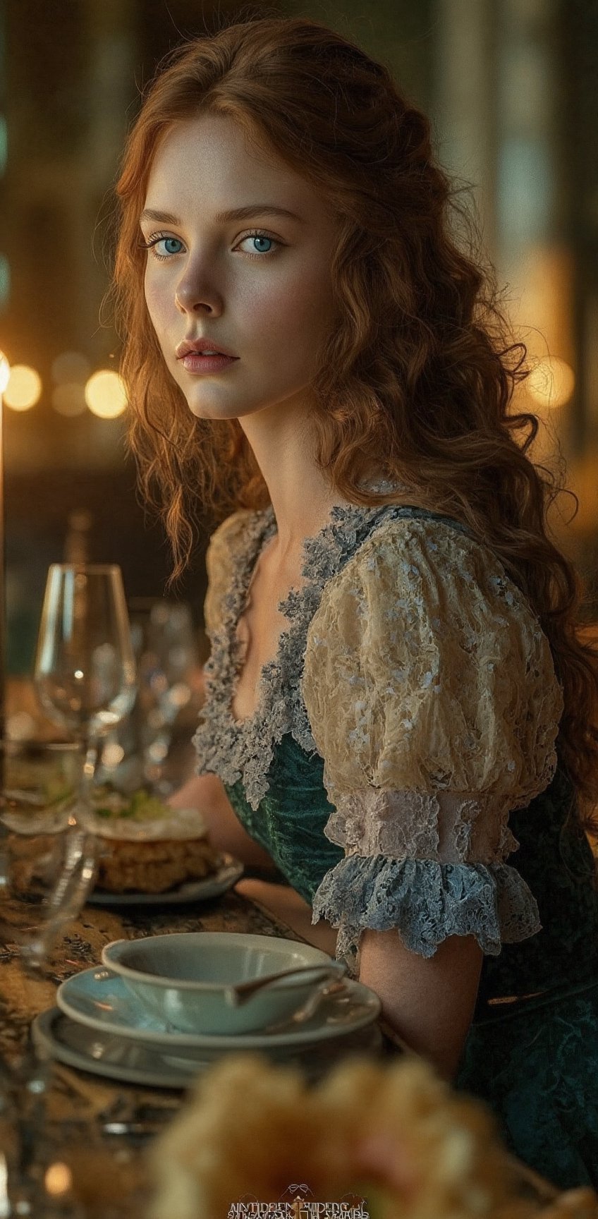 Young countess sits at dinner in a crowded dinning room in 1600's france,  high fashion,  atmosphere by Arka Pratama on Te...