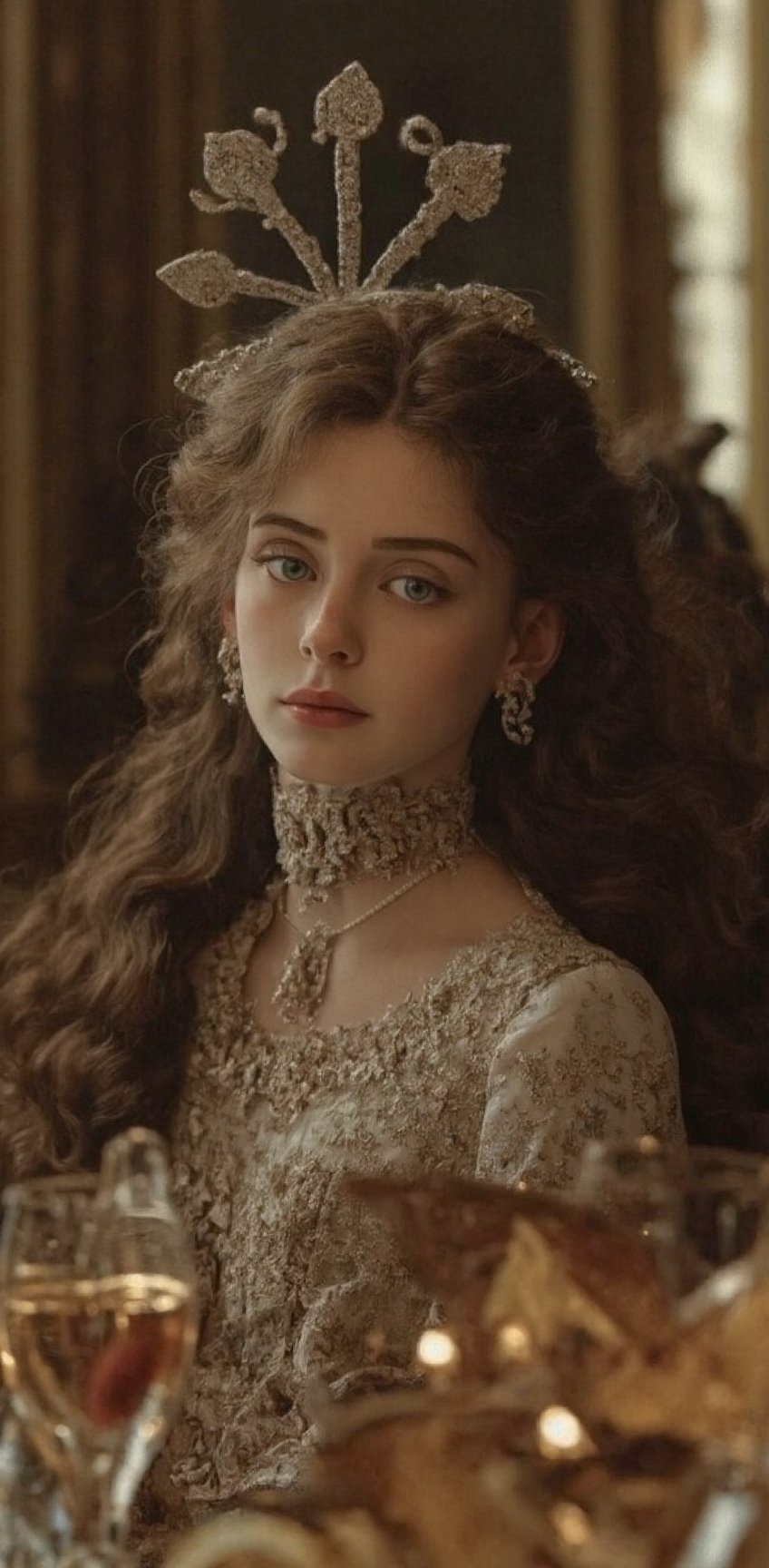 Young countess sits at dinner in a crowded dinning room in 1600's france,  high fashion,  atmosphere by Arka Pratama on Te...