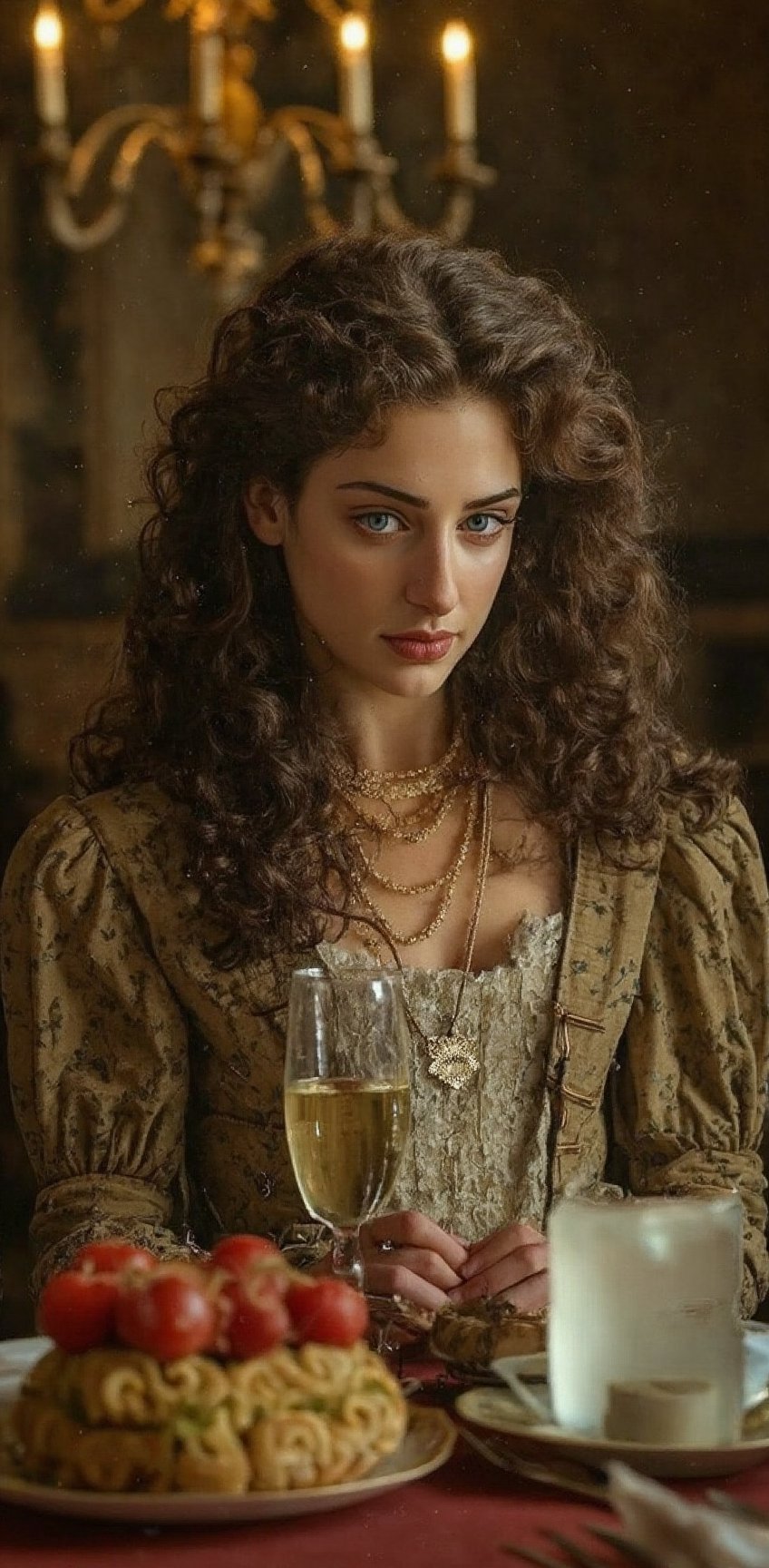 Young countess sits at dinner in a crowded dinning room in 1600's france,  high fashion,  atmosphere by Arka Pratama on Te...