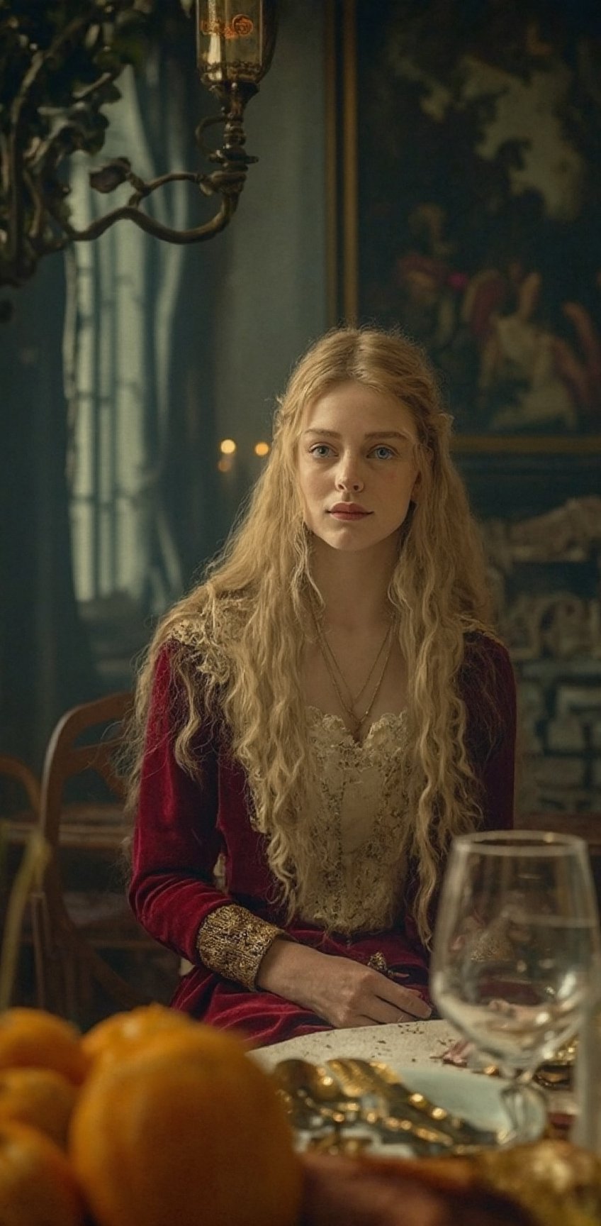 Young countess sits at dinner in a crowded dinning room in 1600's france,  high fashion,  atmosphere by Arka Pratama on Te...