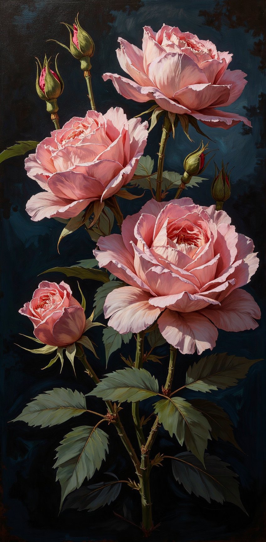 An eye-level painting of a light pink rose with a dark backdrop. The rose is in the center of the frame,  with its petals...