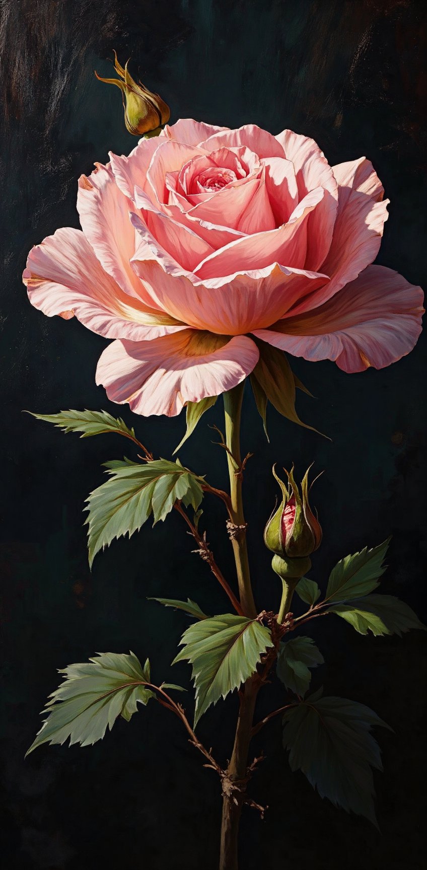 An eye-level painting of a light pink rose with a dark backdrop. The rose is in the center of the frame,  with its petals...