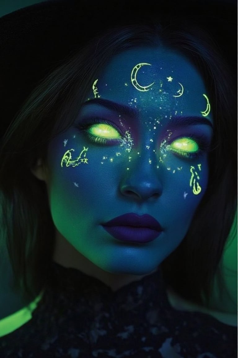 A classic witch look with neon green or purple accents on the eyes and lips. Paint crescent moons and stars on the forehea...