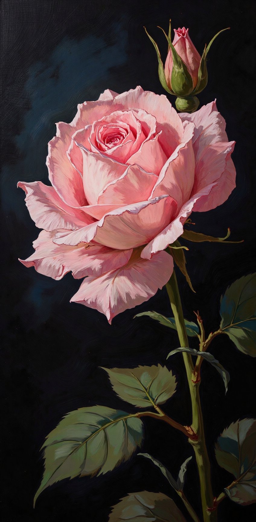 An eye-level painting of a light pink rose with a dark backdrop. The rose is in the center of the frame,  with its petals...
