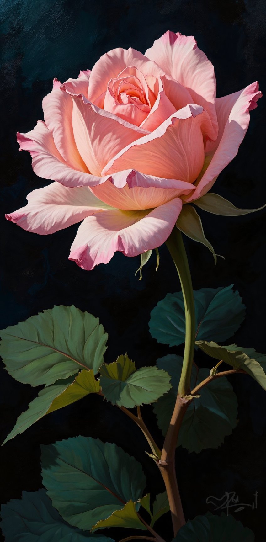 An eye-level painting of a light pink rose with a dark backdrop. The rose is in the center of the frame,  with its petals...