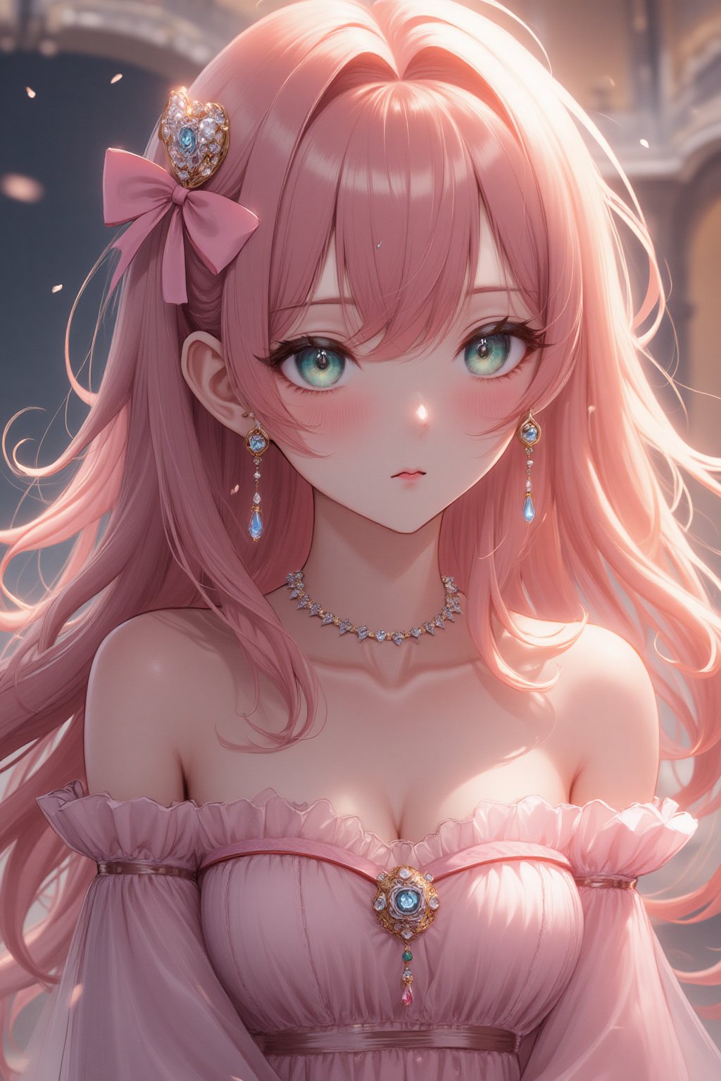 1girl, long hair, looking at viewer, blush, bangs, emerald eyes, off-shoulder dress, pink-coral hair, jewelry, pink borderlace, upper body, earrings, outdoors, parted lips, solo focus, evening, palace, light particles, stunning image, wallpaper quality, holograpic, masterpiece, light particles, \(perfect anatomy\),anime style