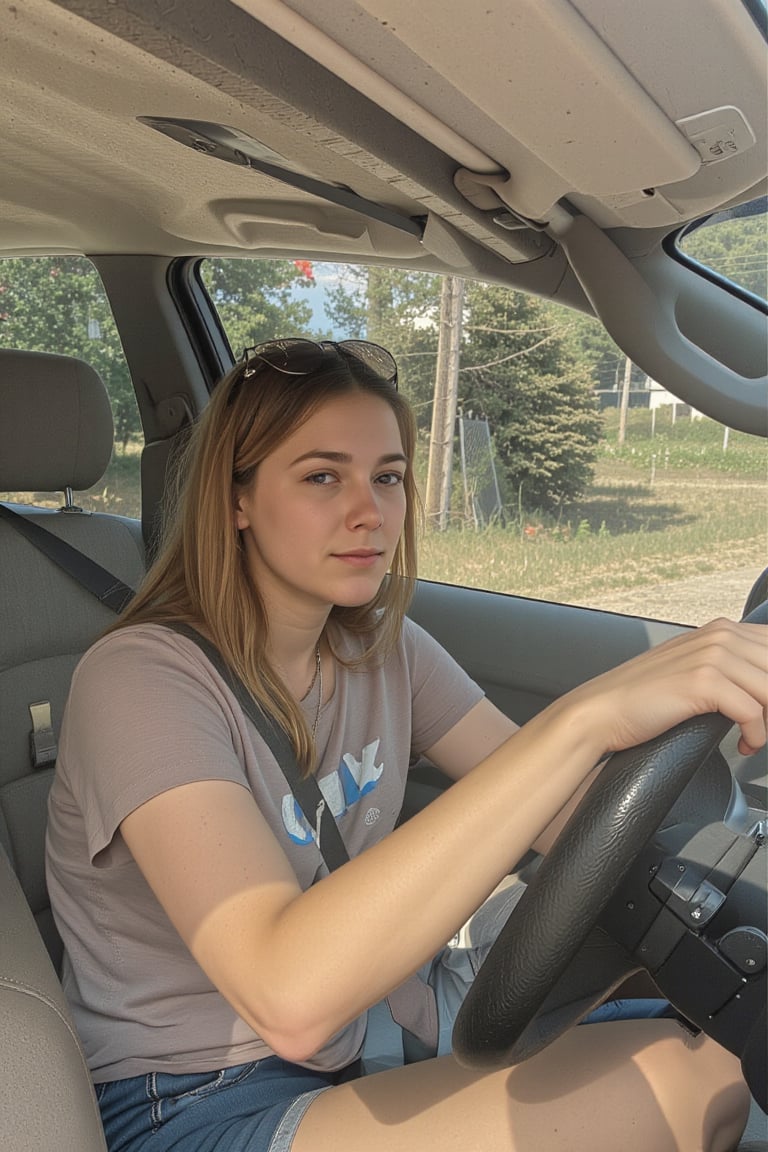 A candid snapshot of a young woman with a relaxed expression,  sitting comfortably behind the wheel of a worn-out car,  he...