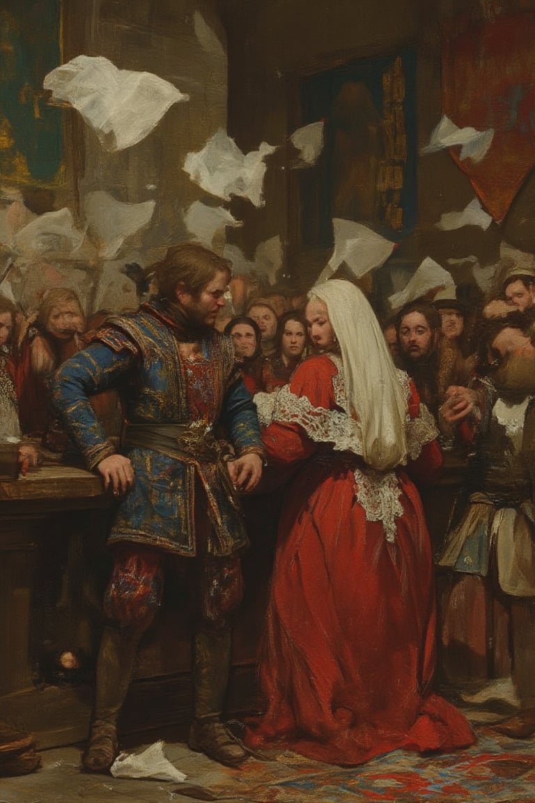 A tense medieval court scene depicting a heated argument between the accused, a young man dressed in a richly embroidered doublet of deep blue and gold, and the plaintiff, a stern woman in a flowing gown of crimson with intricate lace detailing. The courtroom is filled with an agitated crowd dressed in 1400s attire—men in tunics and women in layered skirts. Some crowd members display their anger by throwing white handkerchiefs in protest, creating a flurry of movement. The stone walls are adorned with banners of noble houses, and a large wooden table holds the judges, whose expressions reflect the gravity of the situation, highlighting the conflict's intensity.