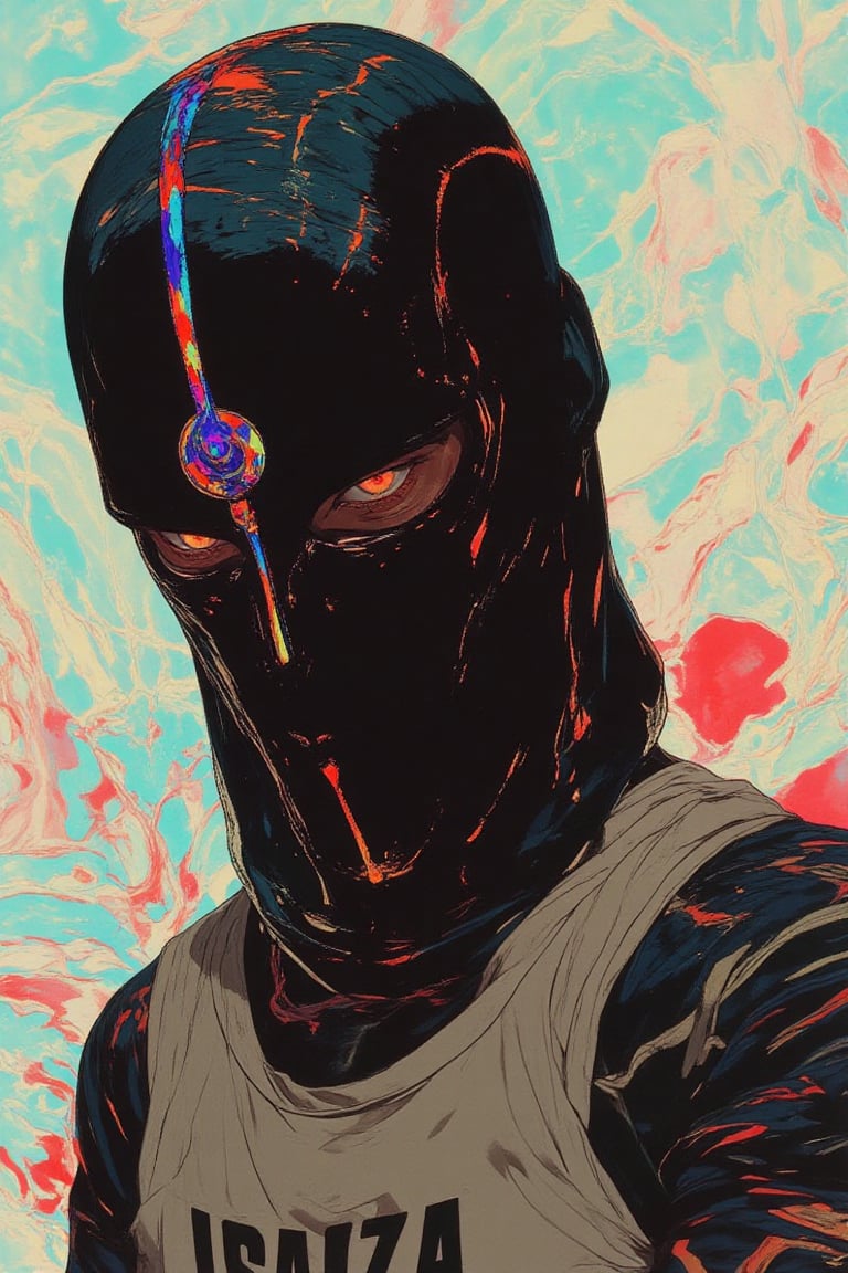 In a vaporwave aesthetic, a hyper-realistic straight-shot portrait captures a man in a full ski mask, obscuring his entire head and face except for his detailed eyes, which are accentuated with red glowing extended eyeshadow for an eerie intensity. The ski mask boasts iridescent, colorful asymmetrical patterns that shimmer subtly, adding a surreal touch. He wears a white vest, his arms and neck decorated with intricate tattoos that provide a stark contrast to the background. This backdrop features retro-futuristic elements like neon grids and soft pastel colors, typical of vaporwave. The soft, diffused lighting casts gentle shadows, enhancing the mask's texture and the captivating intensity of his gaze.