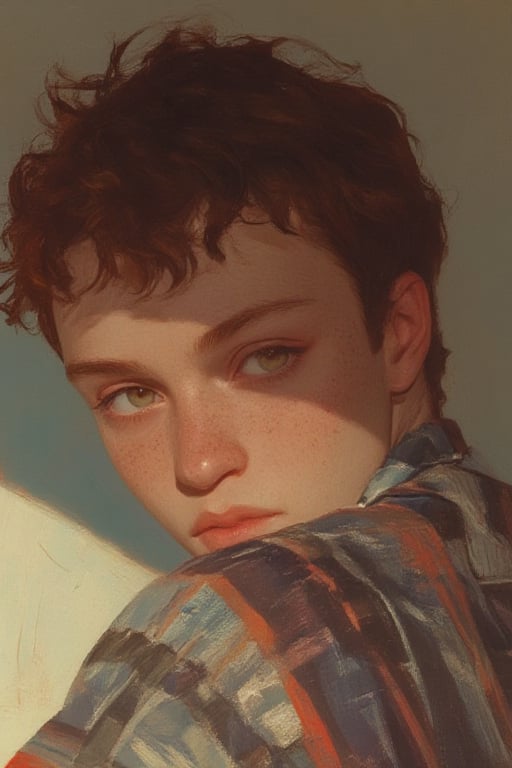 A close-up portrait of a young man with no facial hair, featuring pale skin and a gentle dusting of freckles across his cheeks and nose. His short curly hair is a rich burgundy, framing his face in soft coils that add texture and depth to the image. The man is turning his head slightly to the right, with his eyes glancing back toward the viewer, conveying a sympathetic expression that exudes warmth and understanding. The background is softly blurred, with warm ambient lighting casting a gentle glow on the left side of his face, highlighting his delicate features. The composition is centered on his face, focusing on the natural texture of his skin and the details of his expressive eyes, with a slight vignette effect drawing attention inward. The color palette consists of soft pastel tones, contrasting subtly with the rich burgundy of his hair, creating an overall serene and introspective mood. The camera angle is at eye level, enhancing the sense of connection between the subject and the viewer, while the shallow depth of field adds to the portrait’s intimate feel.,animaport,Midjourney v6,perfection style v3