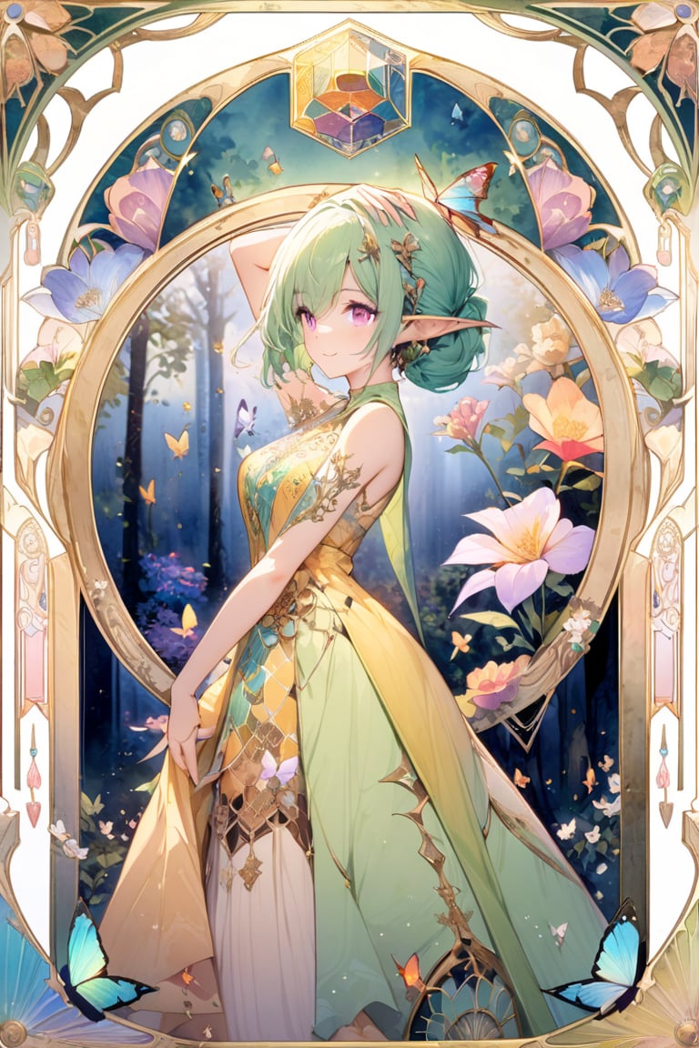 masterpiece, best quality, 8K UHD, (1girl, elf ear, green hair, pink eyes, elegant hairstyle, wearing green and yellow pixie dress, nature_design-theme dress, hair_adorned_with_flowers, side view, her hand try to touch a butterfly above her head, face expression smile, eyes looking at butterfly). background in the forest, light_particles, butterflies, pastel color palette,glowing effects, aesthetic,watercolor_art ,

(image border-framed within an ornate, lacquerwork box adorned with intricate floral patterns she seem to be one with the artistry:1.1), (art nouveau style(The Law of Symmetry,golden ratio (approx. 1.6180339887)):1.1),