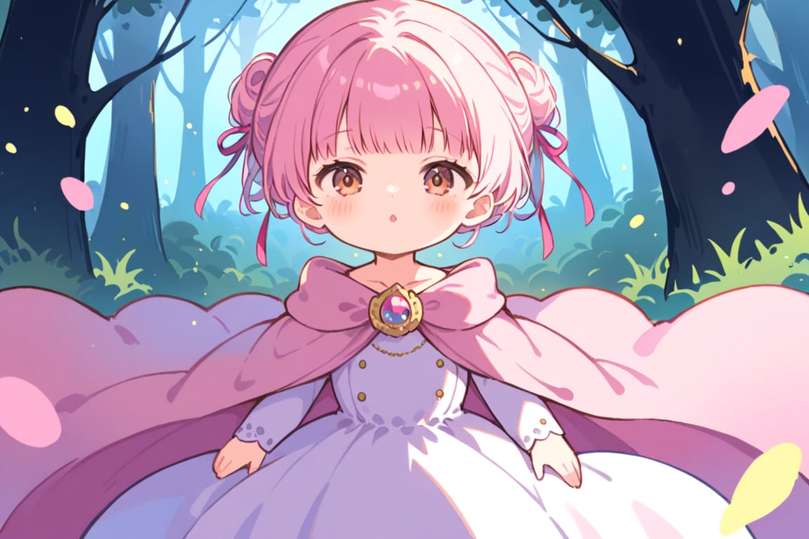 masterpiece, best quality, 8K UHD, mother and daughter character, ((1girl, age 8, brown eyes, (pink hair) in natural_wavy_style, elegant hairstyle, wearing cute royal gown in pink colour, wearing cloak, hair_adorned_with_ribbon)), she found a deer in the forest and hold out her hand, 1animal deer standing in front of her. (rear view), light_particles, pastel color palette,glowing effects, aesthetic,score_9,score_8_up, score_7_up,kawaii clothing style,cocoart animal