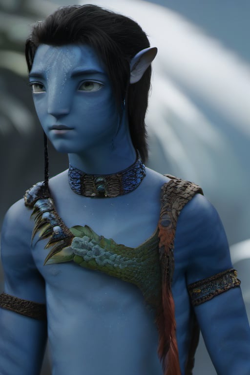 Beautiful na’vi, male, ((Aidan Gallagher)), blue skin, young, short black hair, blue eyes, ((full body)), freckles, detailed, hdr, high quality, visible tail, skin detail, ADD MORE DETAIL, 