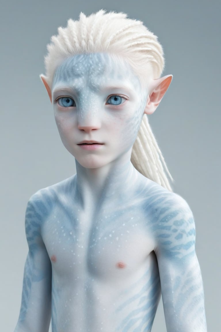 Beautiful na’vi, albino, kid boy, white skin, young, white hair, blue eyes, ((blank background)), ((full body)), movie scene, freckles, detailed, hdr, high quality, white background, visible tail, skin detail, ADD MORE DETAIL