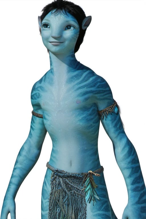 Beautiful na’vi, kid boy, aqua skin, short black hair, blue eyes, ((white:background)), ((full body)), freckles, detailed, hdr, high quality, movie still, visible tail, skin detail, ADD MORE DETAIL,
