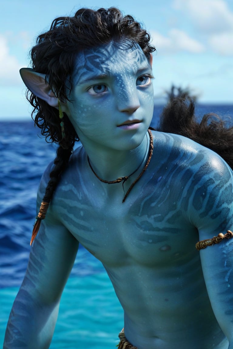 Beautiful na’vi, boy kid, aqua skin, young, black curly hair, blue eyes, ((sea:background)), ((closeup)), movie scene, freckles, detailed, hdr, high quality, movie still, visible tail, skin detail, ADD MORE DETAIL