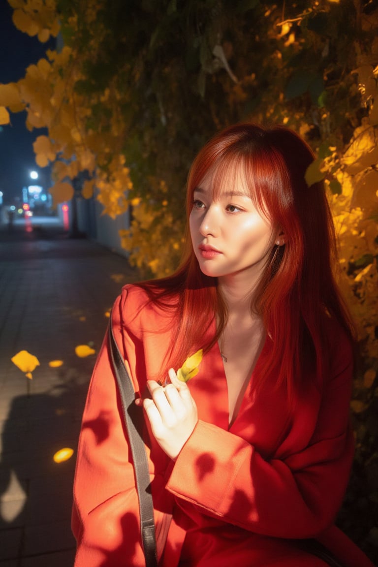 A vibrant close-up portrait of a Korean woman lit by a flashlight with striking features: intricate details on her face, sharp and defined. Her fiery red locks blow gently in the wind, while her attire matches the bold hue. A blurred background allows the subject to take center stage. The soft shadow of falling leaves casts a warm tone on her face, drawing attention to her features. In the midst of an urban landscape, autumn's color palette bursts forth with bright backdrops and rustling foliage. Amidst the scene, a distant car glides smoothly by, adding depth to the composition.