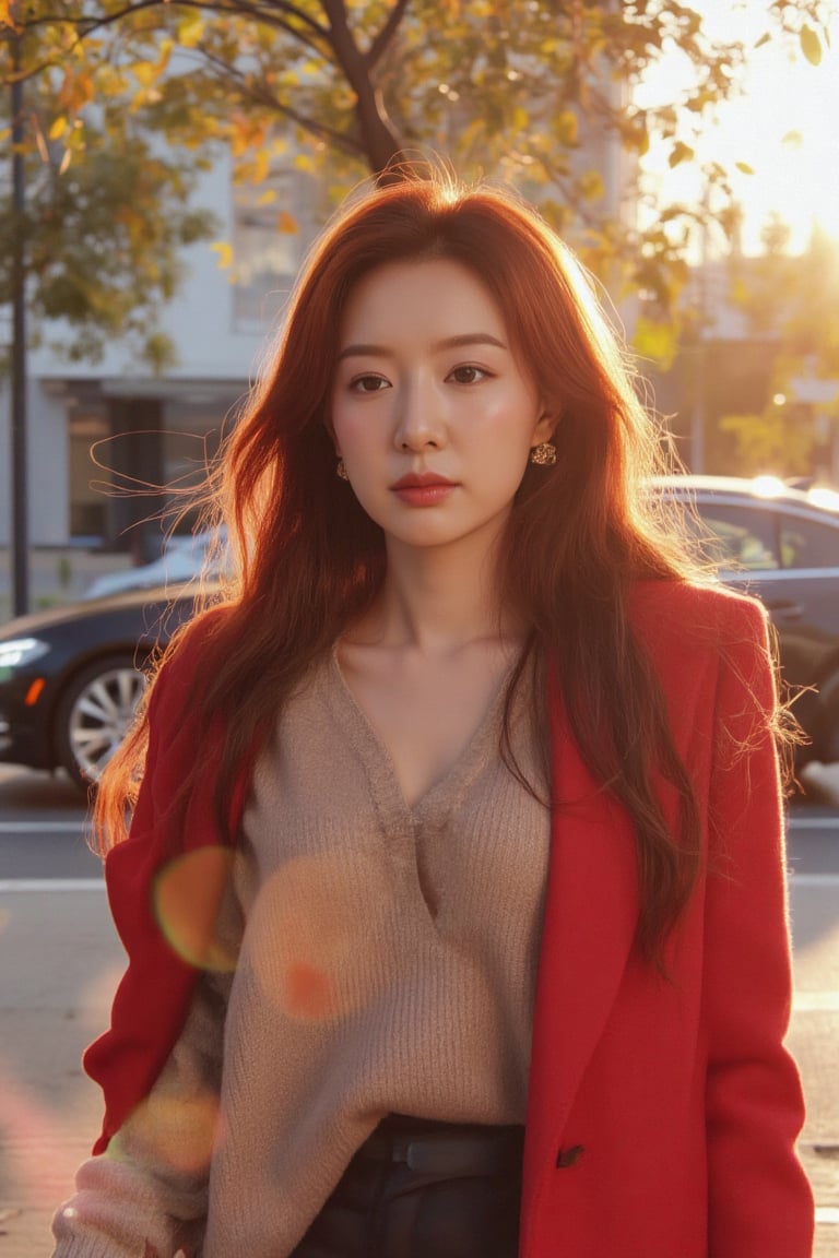 A close-up shot of a stunning Korean woman with striking red hair and attire. Her face is bathed in sharp, intricate details, with the soft glow of falling leaves casting a romantic shadow across her features. Wind whispers through her locks as she stands against a bright, blurred urban backdrop, with a sleek car parked discreetly in the distance.