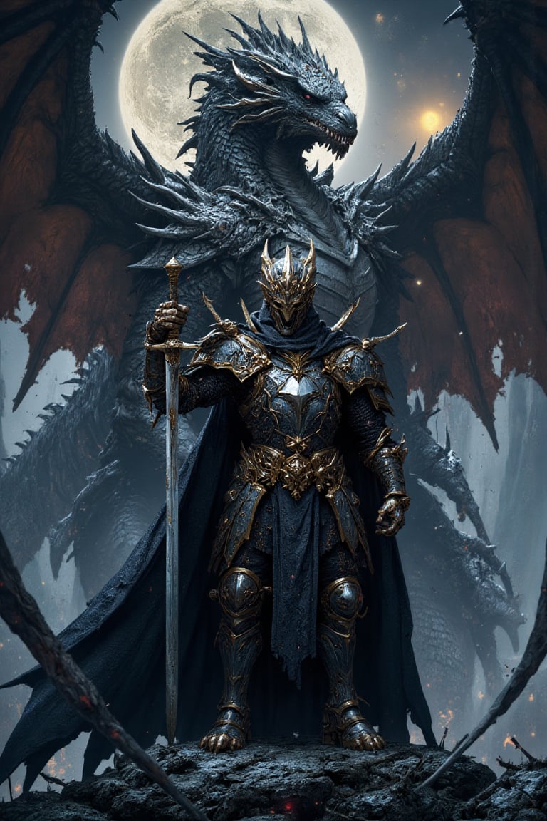 a knight ,  Holding a long sword in his hand,  (he stands in front of dragon ), full moon in the background, (full body shot), (maximum ultra high definition image quality ), maximum image detail, maximum realistic render, (((ultra realist style))), realist side lighting, 8K high definition, realist soft lighting, S1n0z1ck style,