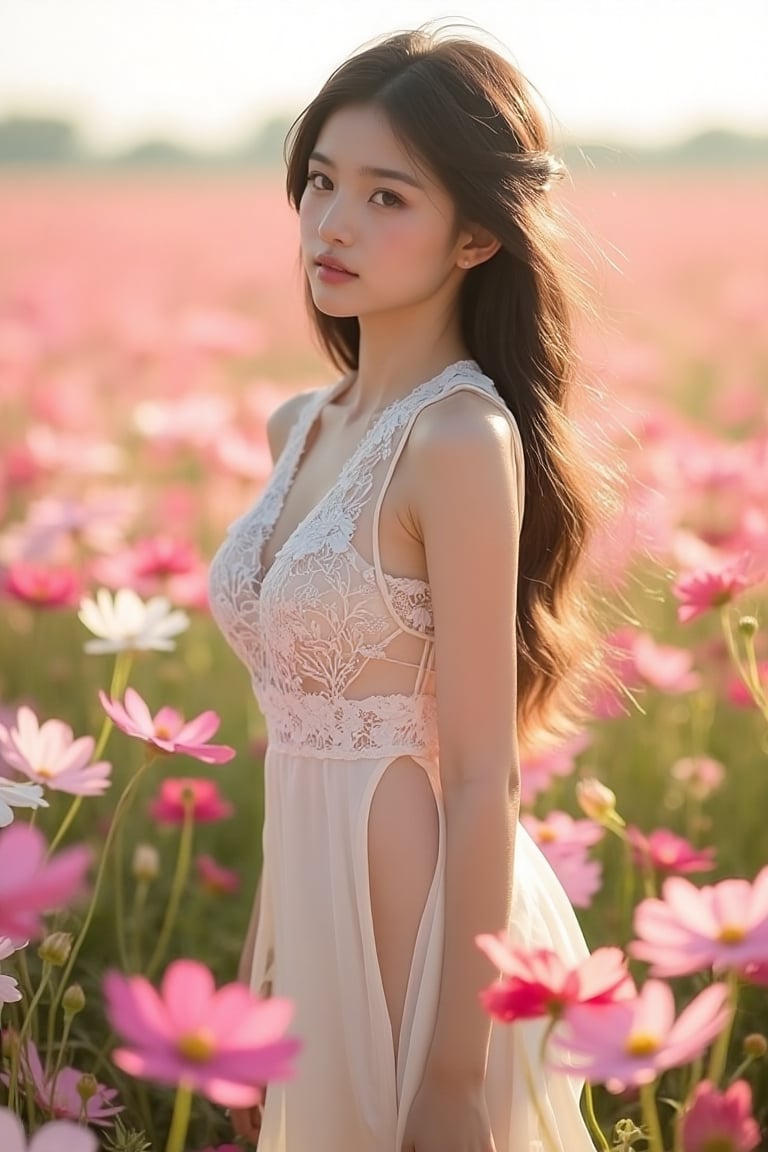 A young thai woman standing gracefully in a vibrant field of blooming cosmos flowers,  surrounded by delicate petals in sh...