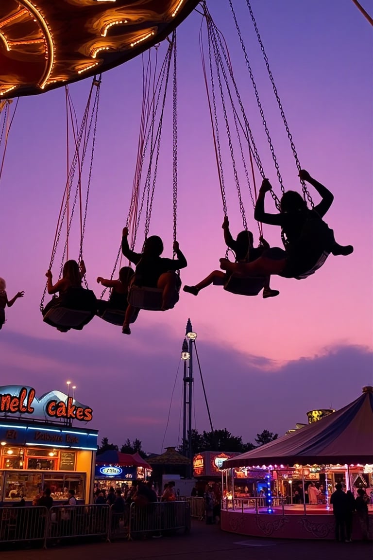The image captures a lively carnival scene during twilight. Here's a detailed breakdown: ### Lighting Conditions - The lig...