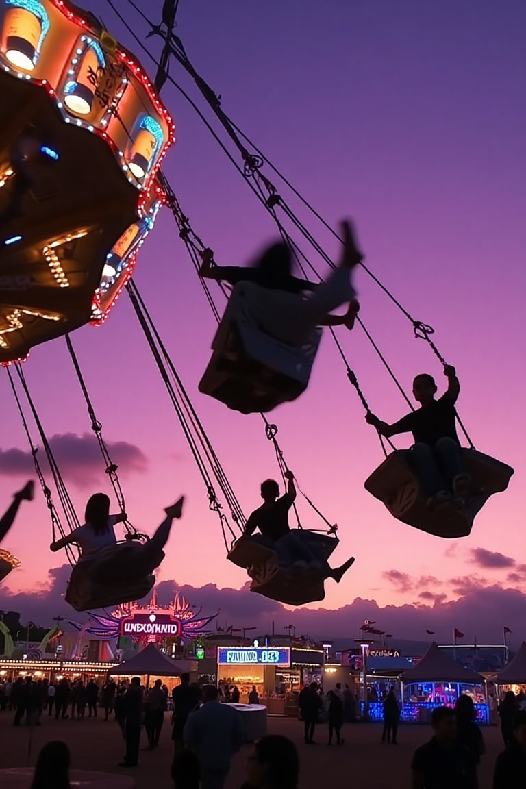 The image captures a lively carnival scene during twilight. Here's a detailed breakdown: ### Lighting Conditions - The lig...