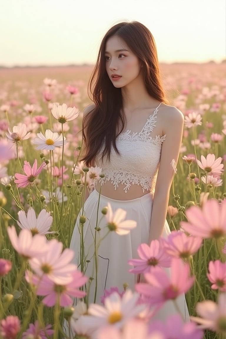 A young thai woman standing gracefully in a vibrant field of blooming cosmos flowers,  surrounded by delicate petals in sh...