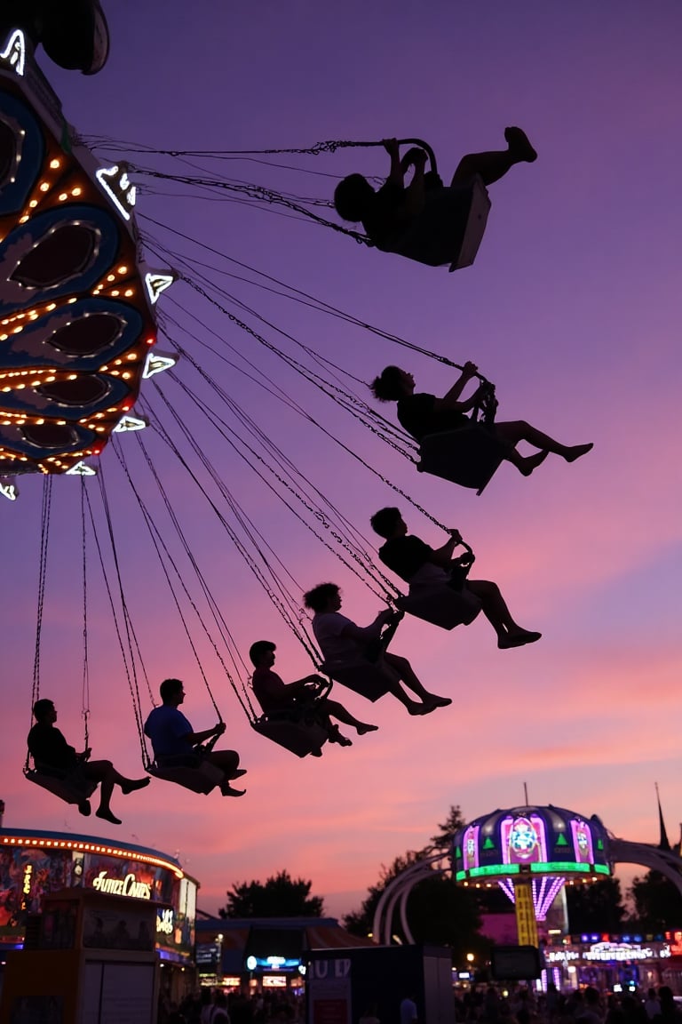 The image captures a lively carnival scene during twilight. Here's a detailed breakdown: ### Lighting Conditions - The lig...