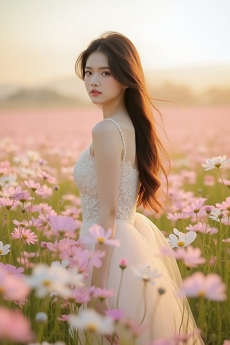 A young thai woman standing gracefully in a vibrant field of blooming cosmos flowers,  surrounded by delicate petals in sh...