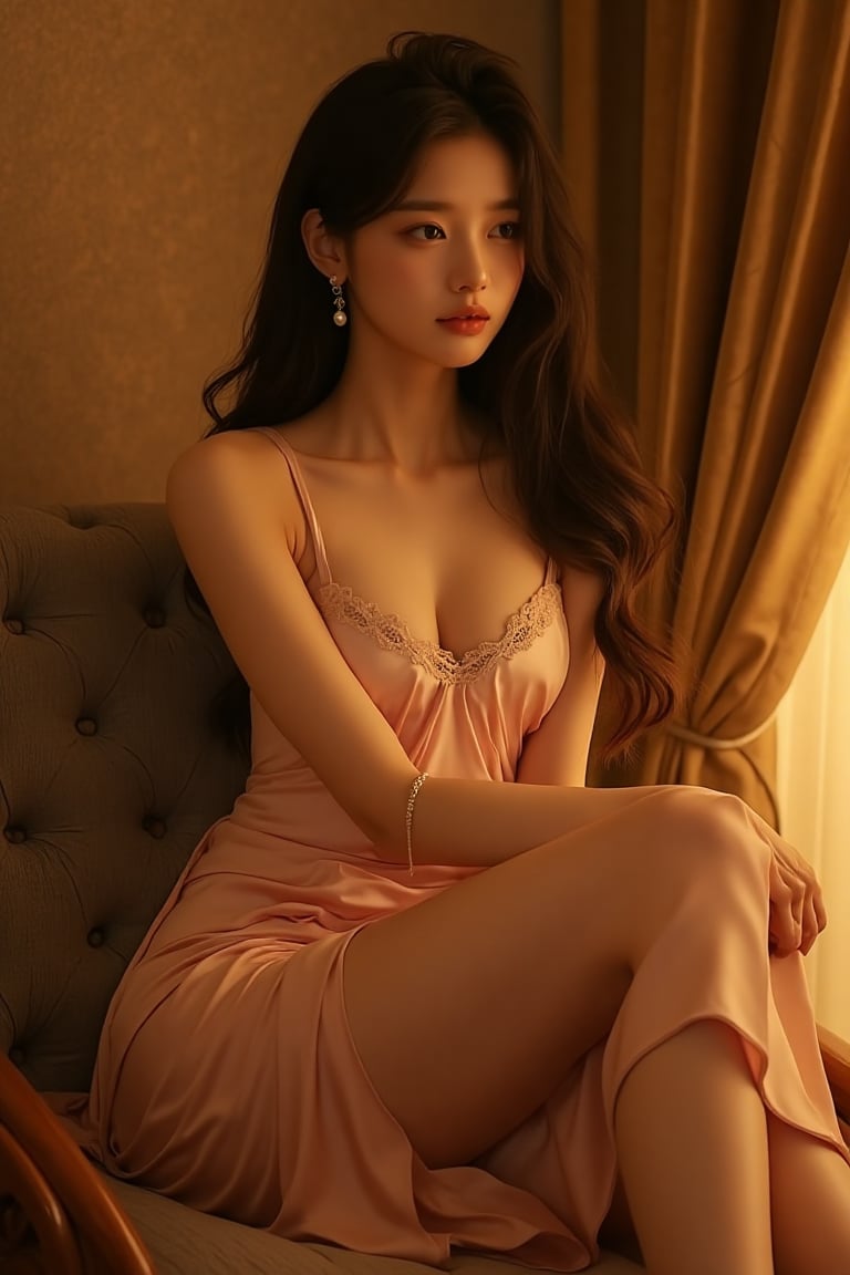 A stunning Asian teenage girl sitting gracefully on a vintage chaise lounge,  wearing a flowing satin slip dress with a th...