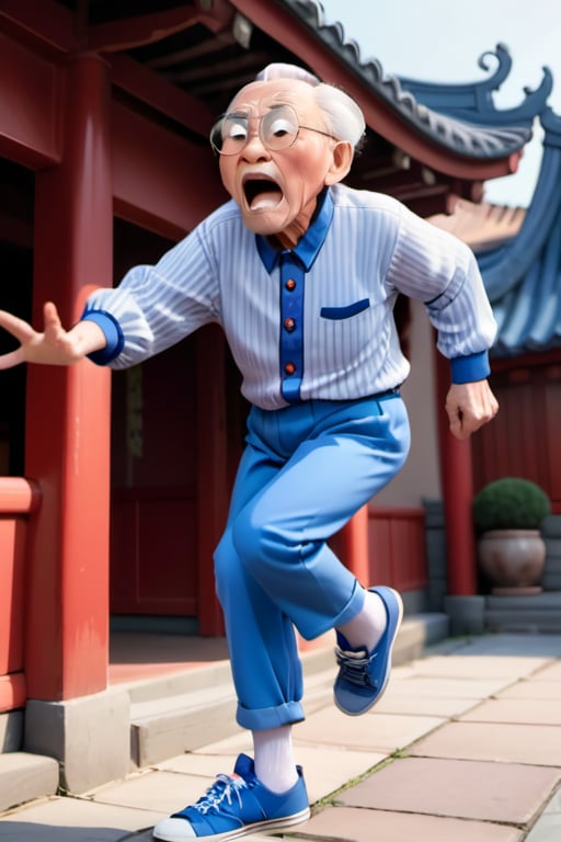 A chinese grandfather wearing a blue and traditional longsleeve white striped shirt, blue pants, and blue shoes with white laces on them. The old man face is adorned with a white mustache and black rimmed glasses. He seems look enraged as if chasing something annoying, His right hand is raised up in the air, while his left hand is resting on his hip. His mouth is slightly open, as if he is screaming in angry. Behind him is a red Chinese building with a pointed roof, disney pixar style