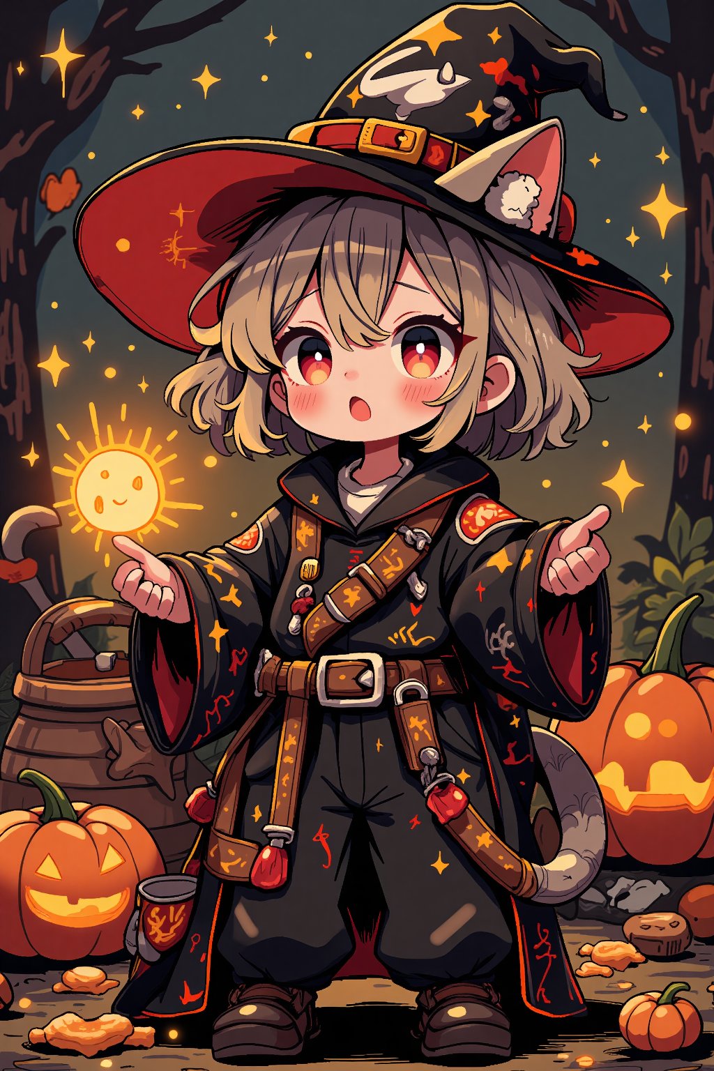 (detailed description),(best quality),(extremely detailed),(masterpiece),pumpkin,(chibi:1.2),(A magical cat-eared girl casts a spell),(wizard hat, black wizard costume:1.3)