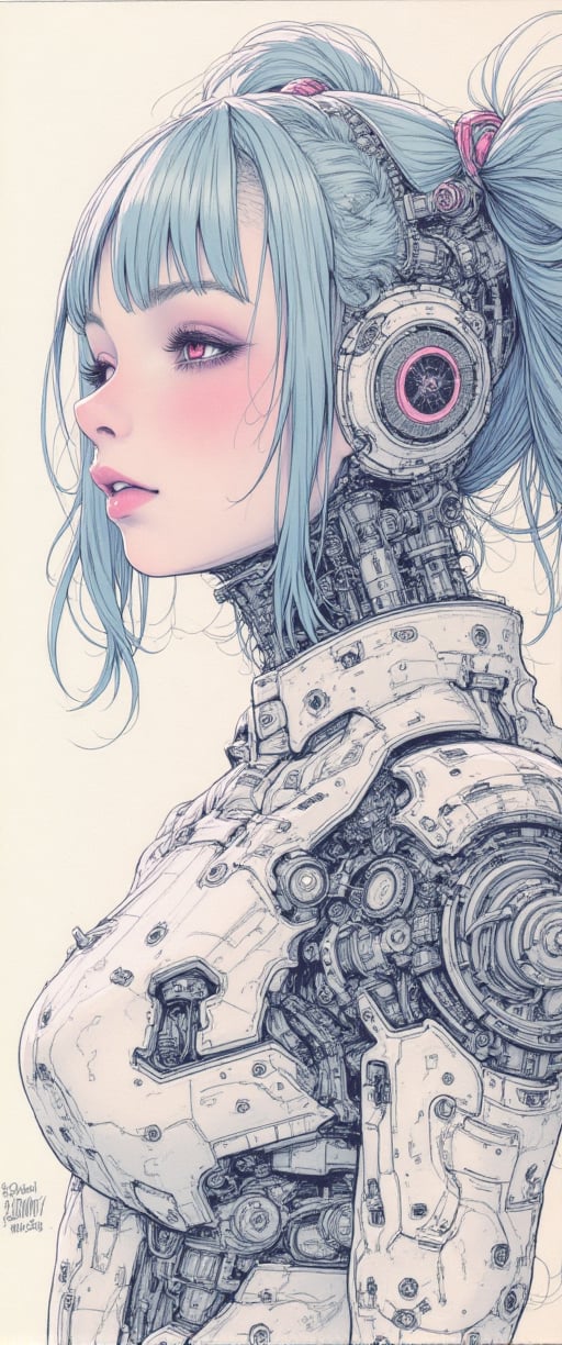 engineering drawing, thin line pen drawing, detailed anime-style portrait of a cyborg girl with ponytails, 3/4 view, she has light blue hair and pink eyes, surrounded by intricate mechanical components, the overall aesthetic is futuristic and mechanical, with a soft color palette and backlighting that enhances the ethereal, high-tech atmosphere , , anime, cyberpunk
