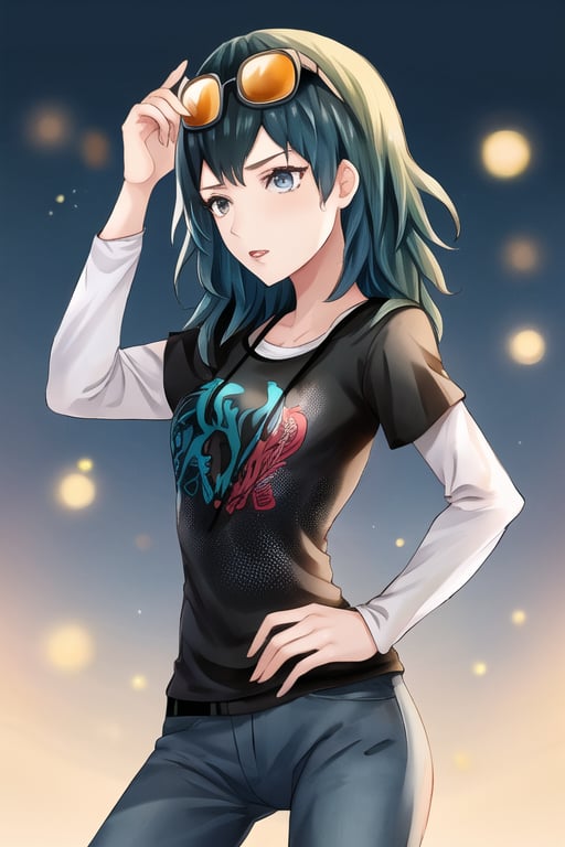 1 girl, eyewear on head,black t-shirt, layered sleeves, jeans,byleth