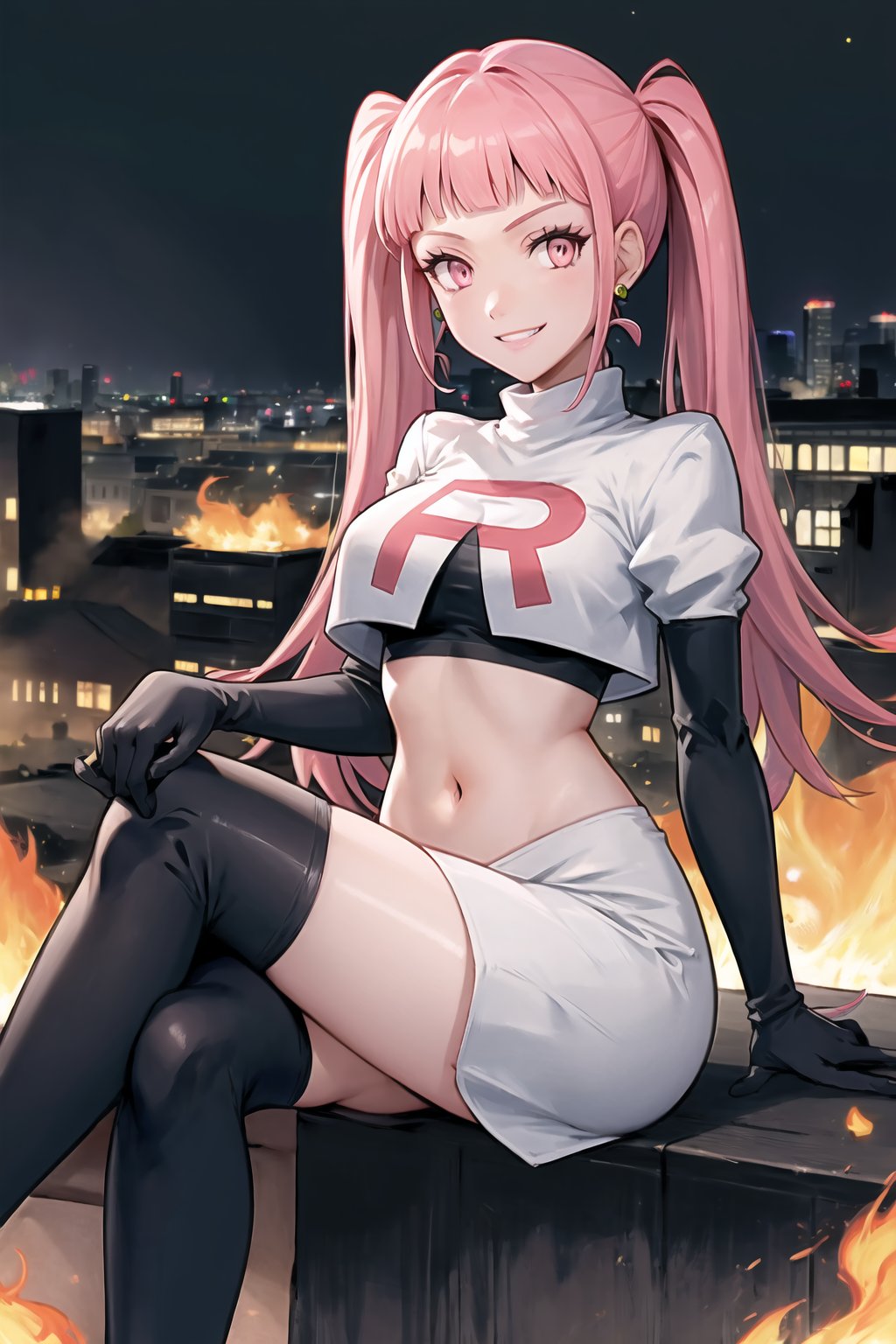 Team Rocket, cropped jacket, white jacket, crop top, jacket, gloves, black gloves, elbow gloves, navel, midriff, white skirt, miniskirt, skirt, black thighhigh boots,looking at viewer, city, night, sky, (intricately detailed, hyperdetailed), burning building background,depth of field, best quality, masterpiece, intricate details, tonemapping, sharp focus, hyper detailed, trending on Artstation,1 girl, high res, official art,evil smile,crossed_legs_(sitting),hilda_valentine_goneril, pink hair, long hair, pink eyes, twintails, jewelry 