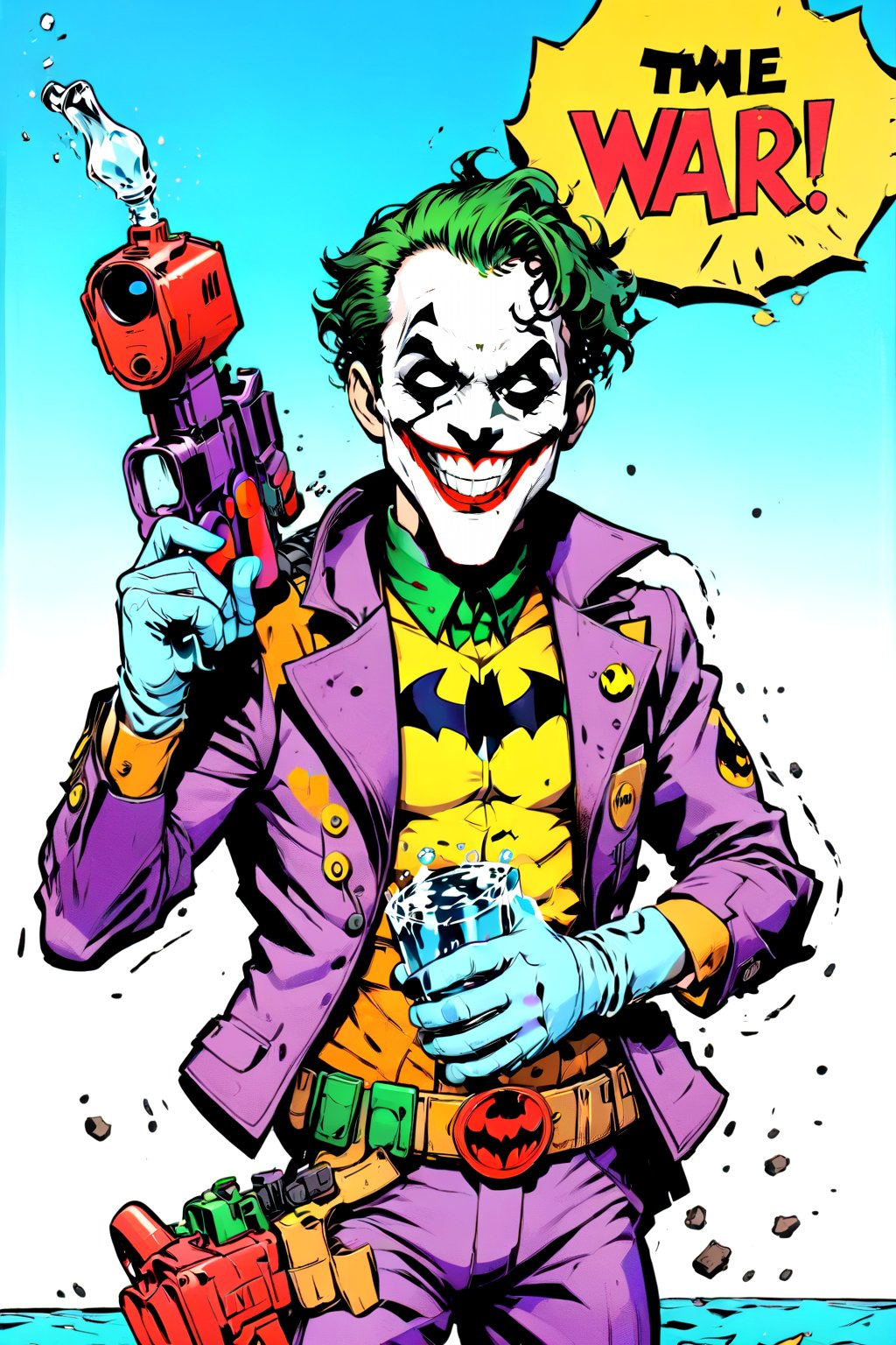 Batman character from the boys, war with Joker, joker smile and carrying a water gun, pop art style