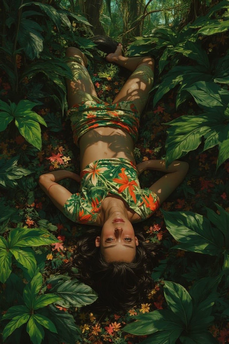 In a lush, vibrant style, the image presents a human lying on their back in the heart of the Amazon rainforest. The figure is surrounded by a thick carpet of vibrant green leaves and colorful tropical plants, their attire blending harmoniously with the foliage. From the top view, the camera captures the intricate patterns formed by the leaves, showcasing the diversity of plant life. Sunlight filters through the canopy above, creating dappled shadows that dance on the ground, while the rich sounds of the rainforest echo in the background. The color palette features deep greens, bright floral hues, and earthy browns, emphasizing the vibrant, thriving ecosystem.