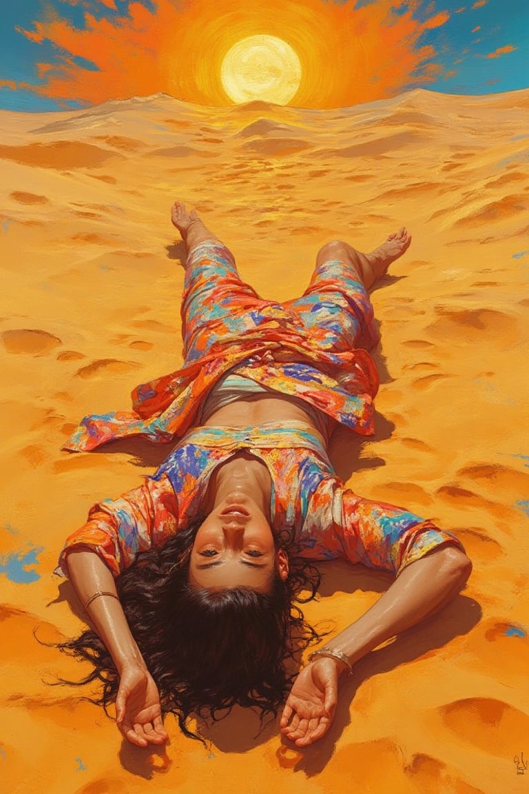  In a vibrant, impressionistic style, the image depicts a human lying on their back in the arid expanse of the Sahara Desert. The figure is dressed in lightweight, breathable fabrics that ripple gently in the warm breeze. Surrounding them, golden dunes stretch infinitely, with ripples and shadows playing across the sand. The top view captures the stark contrast between the person’s colorful attire and the sandy terrain, creating a lively composition. The sky is a brilliant blue, with a blazing sun casting intricate patterns of light and shadow on the dunes, conveying the intense heat and beauty of this ecosystem.