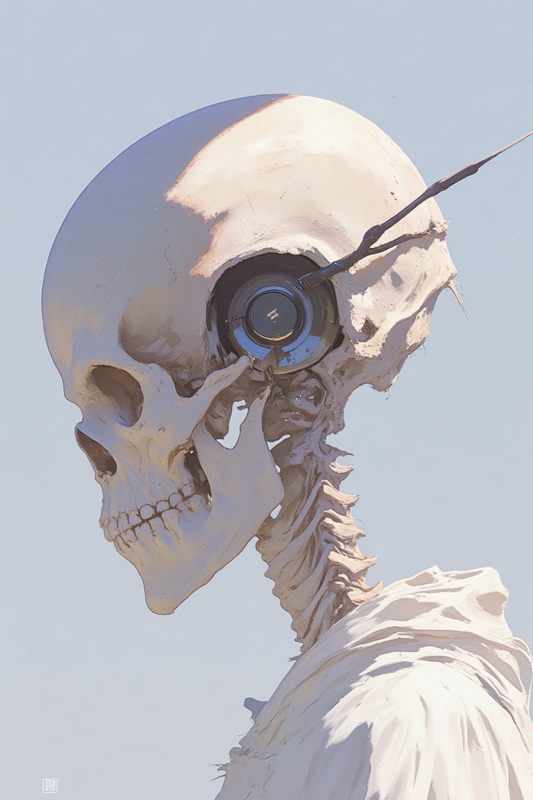 A hyper-realistic close-up of a skeleton’s skull from a slightly over-the-shoulder angle, capturing the side of the face and part of the upper spine. The skeleton is wearing a white, tattered tunic with frayed edges, giving it a ghostly and ancient look. It has on a pair of Apple AirPods Max, their metallic space gray finish and cushioned ear pads creating a stark contrast with the rough texture of the skull and clothing. The lighting is focused and clear, highlighting the fine details of the bone structure and the high-tech design of the headphones, creating an eerie juxtaposition of modernity and decay.