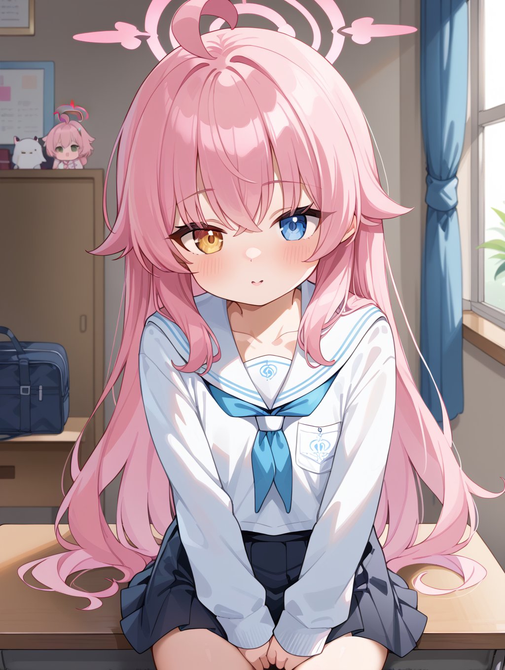 hoshino (blue archive),Pink hair,heterochromia,No hair accessories,ahoge,Student clothes,loli