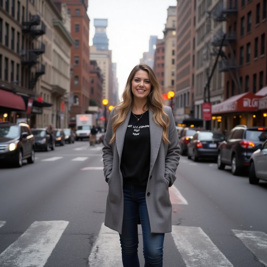 Half-length photo standing on one of the main streets of New York wearing fall clothes