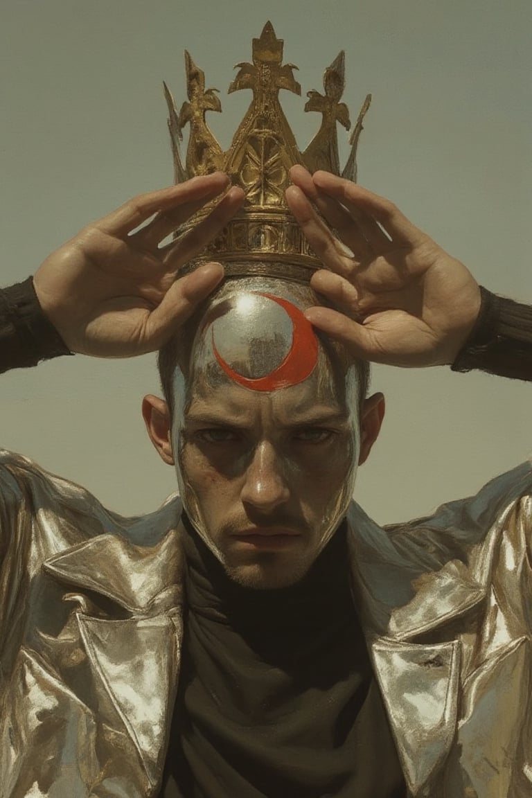 A straight shot face close-up portrait reveals a man exuding a commanding presence, adorned with an ornate golden crown that glimmers in the light. His sleek chrome full-face mask reflects the environment, adding an air of mystery. A striking red half-moon symbol is prominently displayed on his forehead, contrasting sharply with the metallic surface of the mask. He wears an avant-garde, asymmetrical oversized jacket that drapes stylishly over a fitted turtleneck, merging high fashion with urban aesthetics.

The man confidently performs the 'Double King with 3-Point Crown' gang sign, with both hands raised high above his head. Each hand forms a distinct "K": the pinky and index fingers extended outward while the middle fingers are slightly bent, enhancing the three points of the crown. The right "K" is slightly elevated above the left, creating a dynamic visual balance. His expression, though partially obscured by the mask, radiates strength and confidence, perfectly embodying themes of power and loyalty. The background features muted urban elements, subtly enhancing the character’s powerful vibe while emphasizing the intricate details of the gang sign.,Midjourneyart,animaport