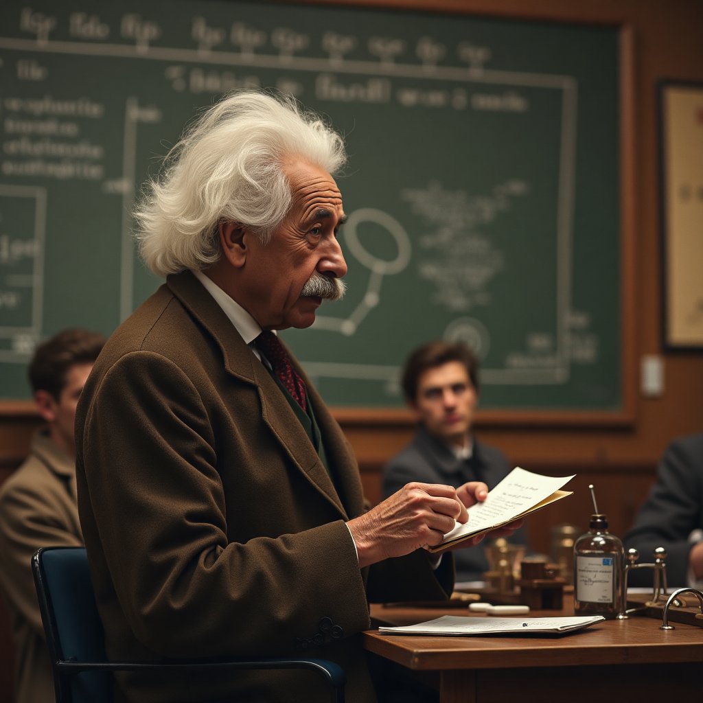 Albert Einstein teaching students physics in Moscow, Soviet Union in a class in 1950s. 1950s ambiance, soviet russian aesthetics, 1950s fashion. Autumn Season. Realistic